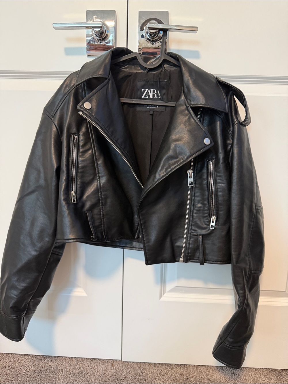 ZARA Black Cropped Faux Leather Moto Jacket with Silver Hardware
